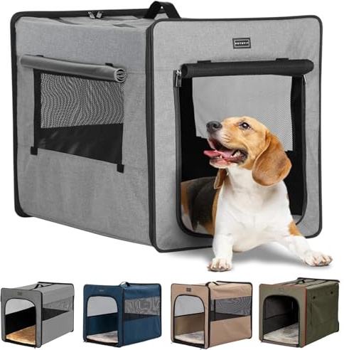 Petsfit Hundebox faltbar, mit 3 cm dicken Plüschmatte, Tragbare Transportbox Hund für mittlere Hunde, geeignet für die Reise,Hellgrau,M 61x46x53.5cm