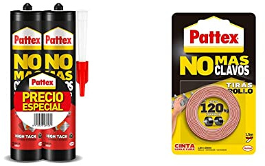 Pattex No Mas Clavos Para Todo HighTack, adhesivo de montaje resistente a temperaturas extremas + No Más Clavos Cinta, cinta adhesiva para aplicaciones permanentes, cinta de doble cara extrafuerte