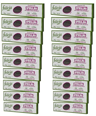 felicia Spaghetti alla Spirulina con Farina di Riso Integrale, Realizzata con Spirulina Apulia Kundi Biologica Italiana, Ricca Fonte di Fibre e di Potassio, Senza Glutine, Box da 18 Confezioni