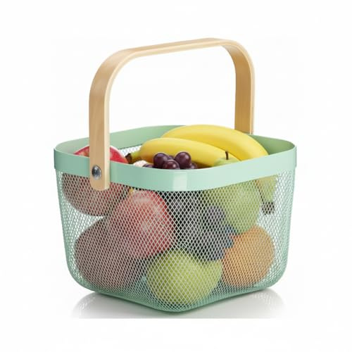 Ymeibe Aufbewahrungskorb aus Netzstahl, mit Holzgriff, ideal für Küche, Badezimmer, Picknick, Speisekammer, Schränke, Aufbewahrung, Heimdekoration (Nebelgrün)