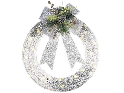 Gruppo Maruccia - Ghirlanda Natalizia da Porta Effetto Neve con Rametti, Bacche e Led - Ghirlanda di Natale Luminosa a Batterie - Diametro 46 Cm