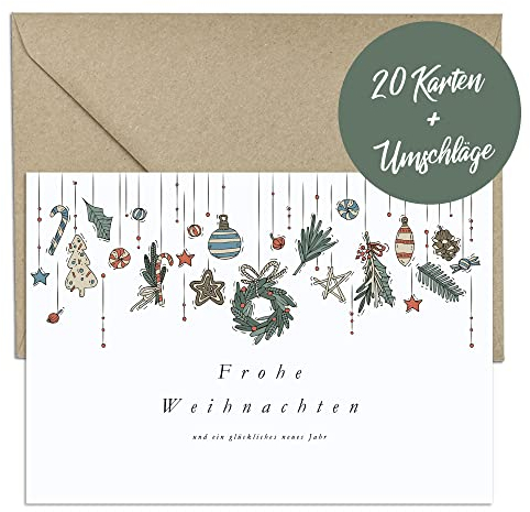 brint.® Weihnachtskarten mit Umschlägen aus Kraftpapier - 20 Stück (Veredelt) | Premium Weihnachtskarten-Set schlicht & elegant | A6 Klappkarten mit Umschlag Set geschäftlich team modern edel
