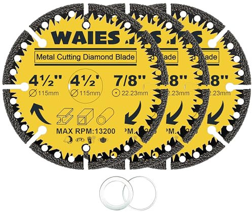 Waies 4-1/2 Inch Metal Cutting Diamond Blade for Angle Grinders, All Purpose Cut Off Wheels for Steel, Rebar, Sheet Metal, Angle Iron, Stainless Steel (3 Pcs)