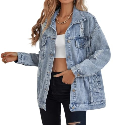 Giacca di jeans oversize per le donne giacca di jeans strappata boyfriend manica lunga Trucker Coat, Azzurro chiaro, Medium