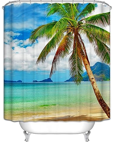 Homxi Duschvorhang mit Ösen,180 W x 200 H cm,Blau Grün Duschvorhang Landschaft am Meer Polyester Duschvorhang Haken Duschvorhang