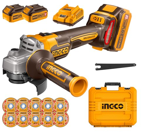 INGCO 115mm Cordless Angle Grinder 20V Brushless Angle Grinder Tools 9000RPM M14 with 2Pcs 4.0Ah Batteries, 1Pcs Fast Charger, 10Pcs Cutting Discs for Cutting, Polishing and Sharpening CAGLI211542