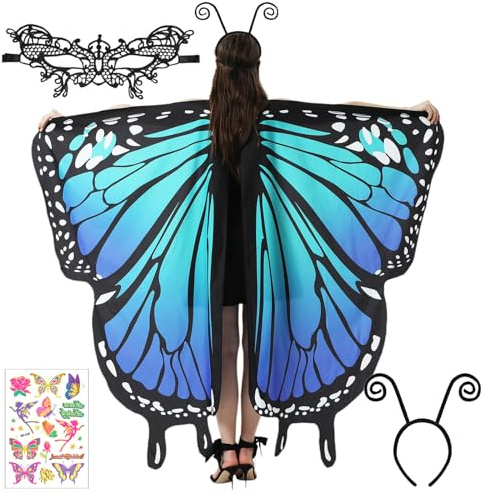 Schmetterling Kostüm Damen, Schmetterling Kostüm Erwachsene mit Schmetterling Haarreif, Schmetterling Umhang Mädchen, Feen Kostüm Damen, Schmetterlingsflügel Karneval Kostüm Damen Faschingskostüme(A)