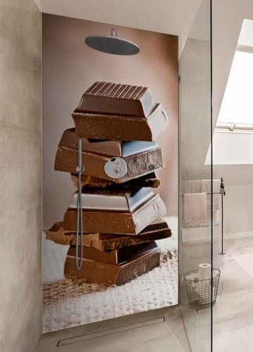 Wallario Selbstklebende Duschrückwand 70 x 180 cm mit Motiv Schokoladenstückchen - Wandverkleidung Fließenersatz mit Hochglanzlaminat in Glasoptik