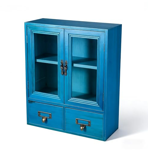 RZGZKLSH Rustikaler Vintage-Mini-Holzschrank, Vitrine mit Bio-Glastür, Wandschrank, der auf der Arbeitsplatte sitzt, Schweberegal, Organisation, 30,5 x 11,8 x 35,6 cm, Blau