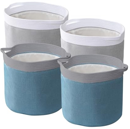 HOTOOLME 4er-Set Regalkörbe Korb Aufbewahrung Stoffkörbe Aufbewahrungskorb Geflochten aus Baumwollseil und Leinen Wäschekorb Treppenkorb Körbe 30.5x34cm für Badezimmer, Schlafzimmer