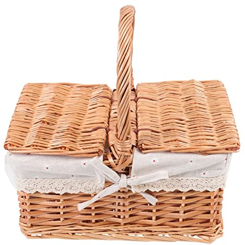 BESPORTBLE Cestino in Vimini con Coperchio E Manico 12.20X8.07X12.60In Cesto di Stoccaggio Portatile per Picnic Decorazioni Matrimoni Organizzatore Casa E Giardino