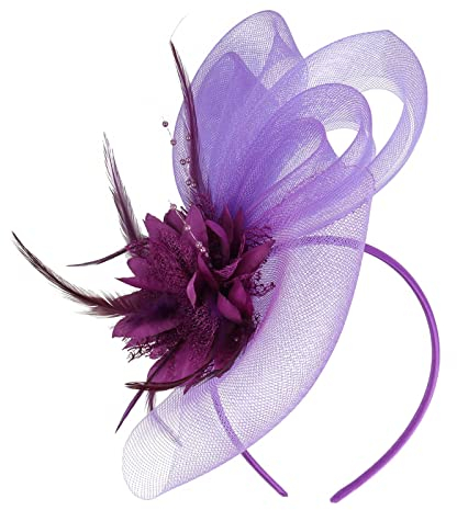 Lazzboy Fascinator Damen Feder Kopfschmuck Hut Blume Mesh Federn Stirnband Tea Party Haar Kirche Hochzeit Cocktail Faschingshüte Vintage Haarschmuck Haarreif Karneval Accessoires (Lila)