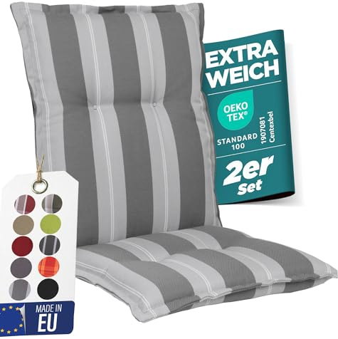 gardisun Gartenstuhlauflagen Niedriglehner, 2er Set Anthrazit Streifen | Extra Dicke Sitzauflagen, Made in EU, Stuhlauflagen für Niederlehner Gartenstuhl, Auflagen mit extra hoher Lichtechtheit