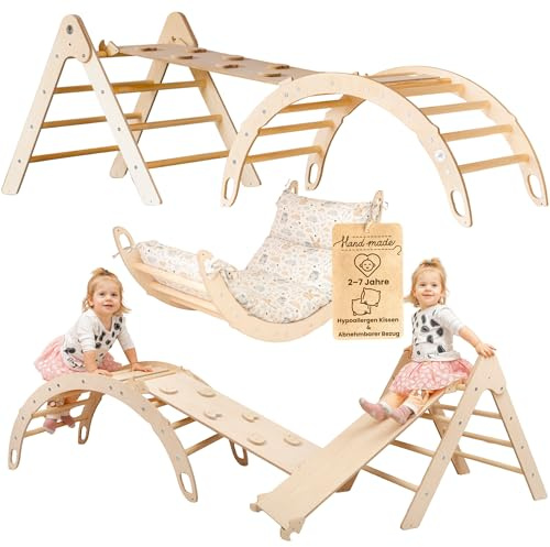 WoodsCraft 3in1 Set: Kletterdreieck, Kletterbogen & Rutsche/Kletterrampe | mit hypoallergen Kissen für Kletterbogen, holz Montessori Klettergerüst indoor, Babyrutsche, Klettern Baby & Kinder