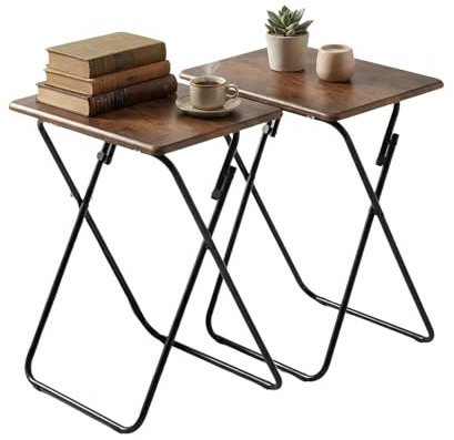 FurnitureR Folding Tables Foldable TV Tray Dinner Snack Trays Set of 2, Industrial Style Sofa Bedside Tables with X-Frames, Small Laptop Table in wood,2pcs, Brown