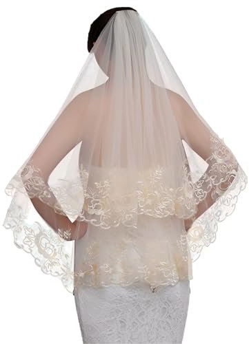 SHAPEPOTY Schleier Braut Hochzeit Spitze Applikationen Kurzer Brautschleier lagiger weicher Tüll Brautschleier mit Kamm für Frauen Bräute Halloween Braut Kostüm（Champagnerfarbe）