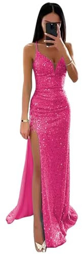 V-Ausschnitt Pailletten Abschlussball Kleider für Frauen Spaghettiträger Lange Meerjungfrau formelles Abendpartykleid mit Schlitz Hot Pink XXS