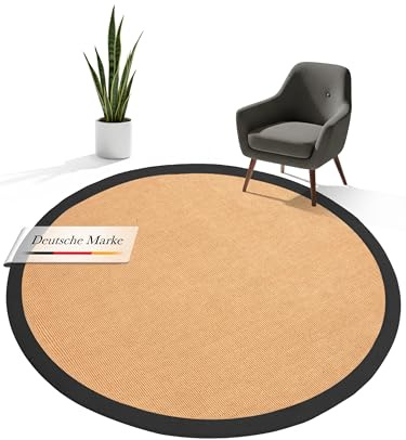 carpetfine Sisalteppich Naturfarbe Ø 60 cm handgewebt mit Bordüre aus Baumwolle in Anthrazit | Moderner Rutschfester Flachgewebe Teppich Uni aus Naturfasern für Wohnzimmer, Schlafzimmer