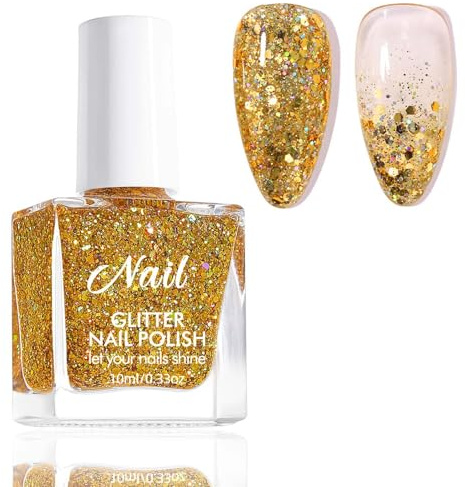 Gold Nail Polish - Holographic Glitter Nail Polish - Sparkle Shine Vegan Base Natural Nail Varnish - Decorated with Colorful Paillette Shimmer Nail Varnish No Need UV Home DIY