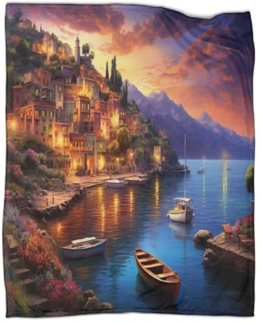 Harbor Sonnenuntergang Kuscheldecke 40x50inch(100x130cm),weich & Warm,extra Flauschig Als Sofadecke Meer Stadt Wohndecke Yogadecke Tagesdecke,Plüsch Sofaüberwurf