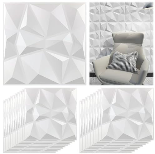 20 Panneau Mural Decoratif 3D, Blanc mat 30 x 30 cm, Panneaux Muraux 3D, 3D de Conception de Diamant pour le Bureau à la Maison ou le Décor Intérieur de Studio