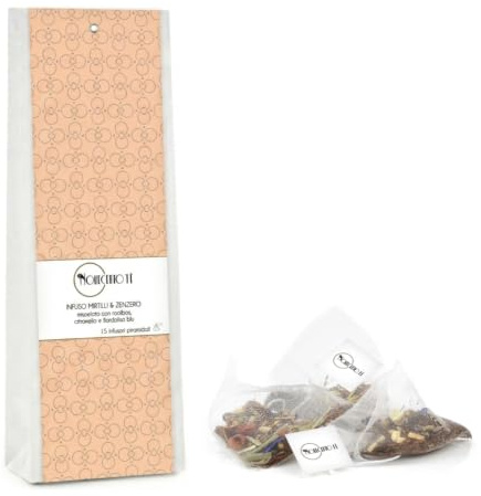 Novecento Tè® | Infuso Mirtilli Zenzero Fiordaliso - 15 Infusori Piramide | Tisana Rooibos Mirtilli Zenzero | The Rosso Frutta e Spezie Senza Caffeina