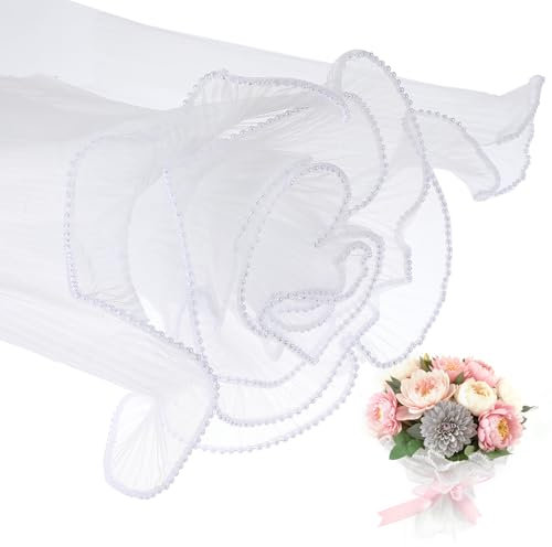 Sibba White Flower Wrapping Mesh Paper Waterproof Floral Bouquet Wrap with Ribbon Pearl Edge Packaging (11 x 143.70 inches)
