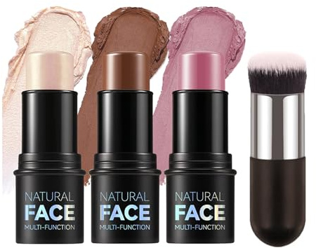 3 Stück Contour Highlighter Blush Sticks - Lang anhaltende wasserdichte Creme-Konturenstifte Rouge Gesicht Make up with Brush- Bronzer Contour & Shimmer Highlighter (Rosa 156 Set with Brush)