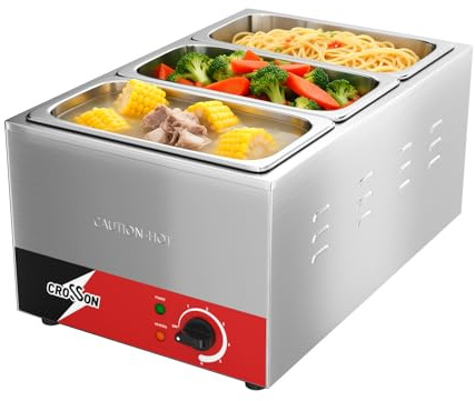 crosson Comercial - Calentador de alimentos eléctrico, 1200 W, profesional de acero inoxidable con 3 ollas de 1/3, control de temperatura 30-85 °C, para catering y restaurantes
