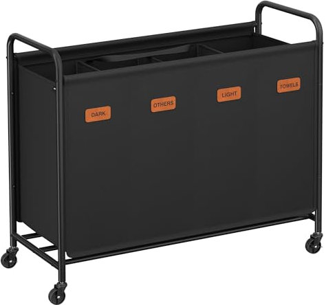 SONGMICS Wäschekorb mit Rollen, Wäschesammler 4 Fächer, 200 L Wäschesortierer, beweglicher Wäschewagen, 5 Etiketten, für Waschküche, Schlafzimmer, Badezimmer, tintenschwarz RLS460B01