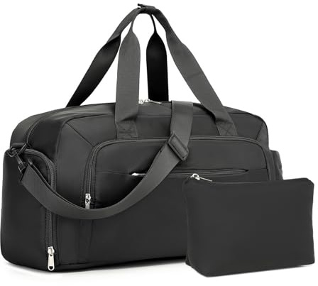 Kono Reisetasche Handgepäck 47x25x20 für Ryanair, 0,56kg Leichte Weekender Tasche mit Schuhfach & Kosmetiktasche, Sporttasche & Kliniktasche für Damen Herren (Schwarz)