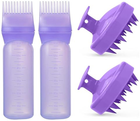 huifllyhui Haaröl Applikator, Hair Oil Applicator Bottle mit Abgestufter Skala, Wurzelkamm-Applikatorflasche Haarfärbebürste Applikator Flasche Haare für Hair Oiling Haar Colorationen. (Lila+Lila)