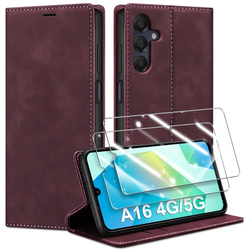 Guisessy für Samsung Galaxy A16 5G/4G Hülle mit 2 Schutzfolie, Weinrot | Premium Leder Handyhülle, Magnet, Kartenfach, Standfunktion, Klappbar Flip Wallet Schutzhülle