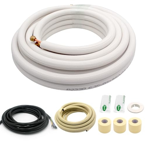 25FT Mini Split Line Set 1/4*3/8 OD HVAC Copper Tube Pipe Extension,3/8 Thickened PE Insulation Coil Air Conditioner Twin Copper Line Heating Equipment Hose with Flared Nuts (25FT (1/4+3/8) with wire)