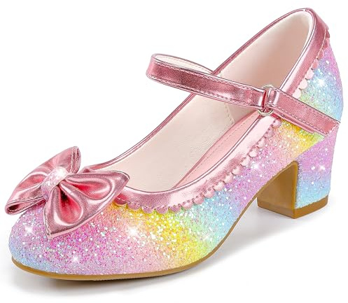 LAURMOSA Princess Shoes Girls Party Shoes Kids High Heels with Bow Mary Janes Sparkly Flower Girl Shoes Size 10 for Toddler Little Kids Wedding Birthday Prom Dress Up (UKL1036SeRainbow 10)