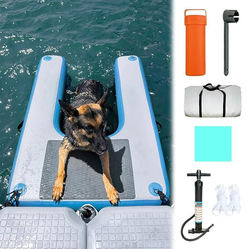 SRNSAEB Foldable Dog Pool Exit Ramp Small Dogs Big Pups, Non-Slip & Inflatable Dog Safety Ramp for Swimming Pool/Boats/Yachts/Lakes, Floating Large Dog Water Ramp Ladder Reusable with Pump(Blue)