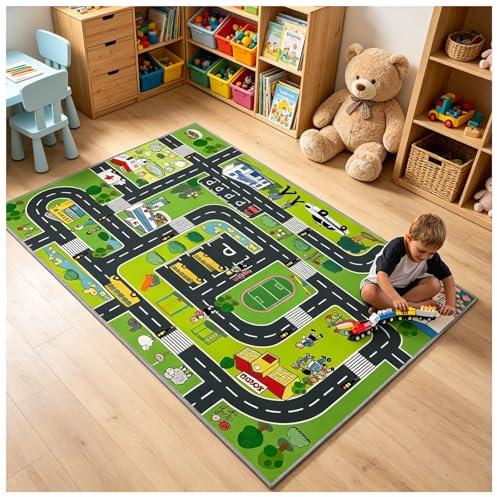 CLAILEIRS Lekmatta 80 × 120 cm matta med gata – grön ögonvänlig | Tvättbar halkfri kort lugg barnmatta