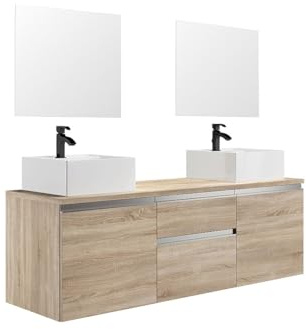 Vente-unique - Hängeschrank Badschrank mit Doppelwaschbecken und Spiegel - hell natur - 150 cm - Jimena II