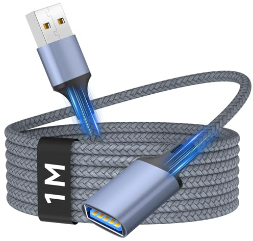 Nersligek Cable Alargador USB 2.0 1M, Cable Extensión USB Tipo A Macho A Hembra Extensor Trenzado Nylon para Impresora, Cámara, Teclado, Hub, Pendrive, Disco Externo, Gafas VR, Ordenador y Otros