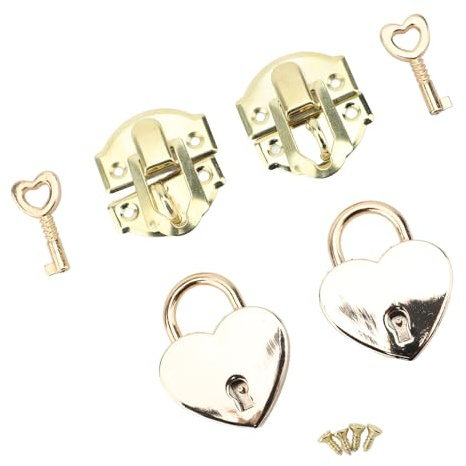 Yanmis Antique Hasp Latch Padlock Set, Vintage Heart Shaped Lock with Key Mini Decorative Lock Buckle for Jewelry Box Wooden Crafts Cabinet Drawer Repair (Yellow)