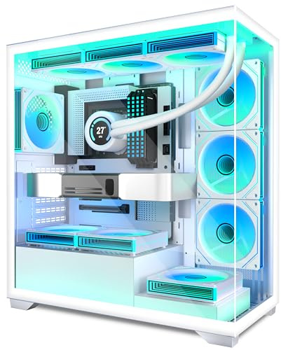 ANSAITE ATX PC Case 7 PWM ARGB Fans Pre-Installed,Mid Tower Computer Case with Full-View Dual Tempered Glass, Type-C Gaming PC Case,White,C09