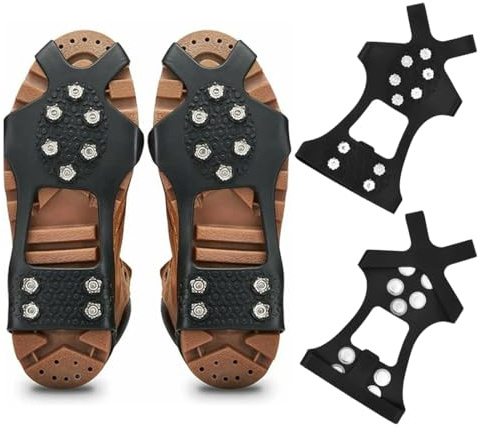 Crampons à Neige pour Chaussures, 10 Pointes Antidérapantes Taille L (40-45 EU) pour Randonnée Hiver, Glace et Verglas, Fixation Rapide et Réglable