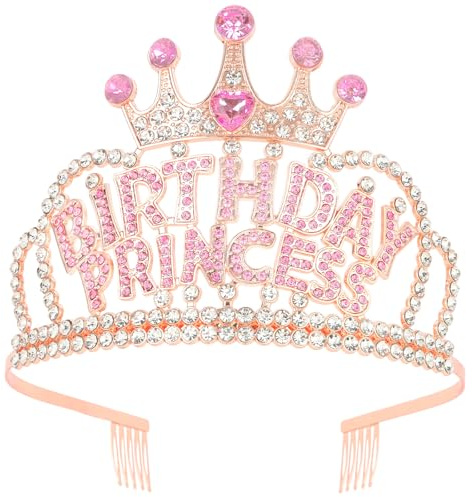 Exipsat Geburtstagskrone Prinzessin, Rosegold mit Strass BIRTHDAY PRINCESS, Krone Damen Mädchen, Stirnband mit Kamm für Geburtstagsparty