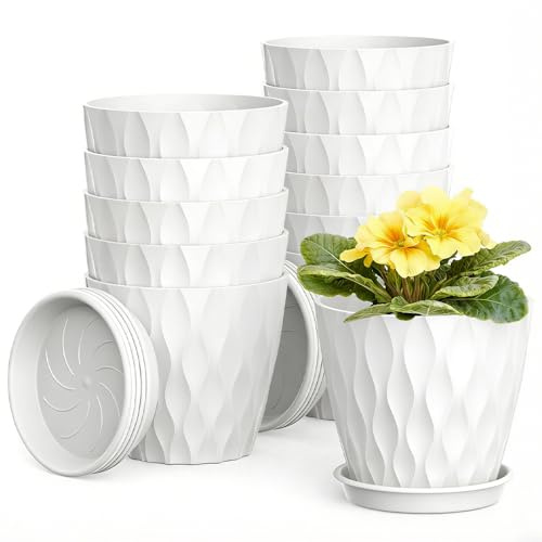 12er Set blumentopf, 10cm Kunststoff Pflanzentopf blumentopf Waffelmuster mit untersetzer und Drainagelöchern, Pflanzgefäßen Blumentöpfe mit Untersetzer für Zimmerpflanzen und Balkonpflanzen (Weiß)