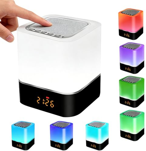 Réveil avec enceinte Bluetooth, lampe de chevet LED tactile à intensité variable et 7 couleurs, lecteur MP3 numérique avec carte SD et port USB, enceinte multifonction portable 5 en 1 pour la chambre