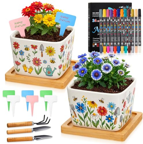 Hestya Set de Pintura de Cerámica DIY 2 Macetas Blancas de Cerámica con 2 Palets 12 Rotuladores de Porcelana en 24 Colores Palas de Jardín Letreros de Jardín Regalos para Familias Parejas (Cuadrado)