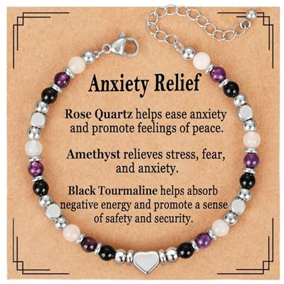 ESPVO Crystals Anxiety Bracelet Gifts for Womens Ladies Healing Stress Relief Depression Amethyst Black Tourmaline Rose Quartz Gemstone Natural Stones Bead Birthday Jewelry Presents for Her Girls Mum