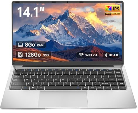 unbholkk Ordinateur Portable 14,1, Celeron N3450, 8 Go RAM, 128 Go SSD, PC Portable Étudiant FHD IPS avec Wi-FI 2.4, Mini-HDMI, Bluetooth 4.2 – Idéal pour La Maison, Les Études et Le Travail
