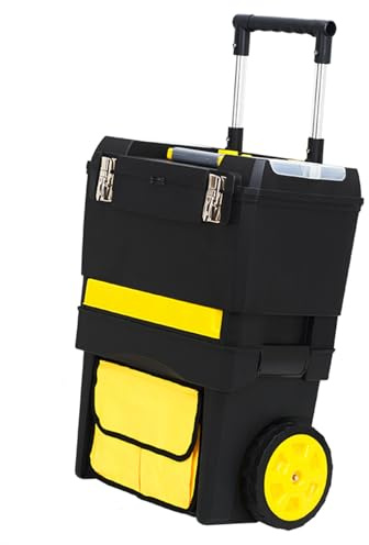 SwitZer 2 in 1 Rolling Toolbox on Wheels, Stackable Tool Box with Pull Handle, Plastic Tool Storage System with Organiser, Tool Chest & Tool Trolley for Garage Workshop