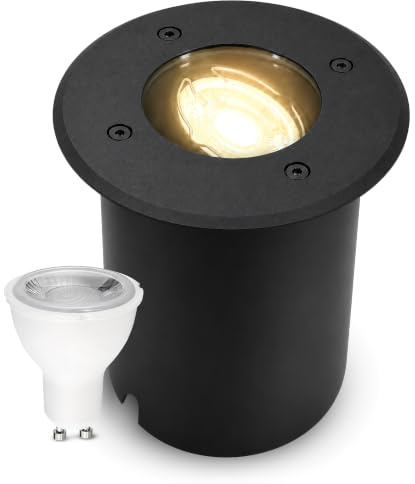 SSC-LUXon JUAVI Bodeneinbaustrahler schwarz rund IP67 GU10 2W warmweiß | Befahrbarer Bodenstrahler bis 2000kg schwarz - schwenkbar, warmweiß, für Wege, Beete & Treppe, IP67, inkl. GU10 LED